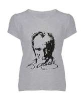 Atatürk,Türkiye. Gri Kadın V Yaka Tişört - Tisho