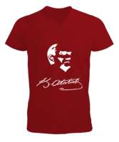 Atatürk,Türkiye. Kırmızı Erkek Kısa Kol V Yaka Tişört - Tisho