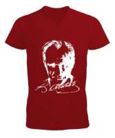 Atatürk,Türkiye. Kırmızı Erkek Kısa Kol V Yaka Tişört - Tisho