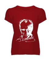 Atatürk,Türkiye. Kırmızı Kadın V Yaka Tişört - Tisho