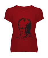 Atatürk,Türkiye. Kırmızı Kadın V Yaka Tişört - Tisho