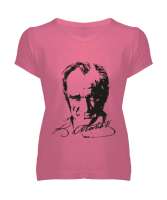Atatürk,Türkiye. Pembe Kadın V Yaka Tişört - Tisho