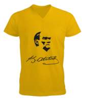 Atatürk,Türkiye. Sarı Erkek Kısa Kol V Yaka Tişört - Tisho
