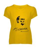 Atatürk,Türkiye. Sarı Kadın V Yaka Tişört - Tisho