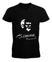 Atatürk,Türkiye. Siyah Erkek Kısa Kol V Yaka Tişört - Tisho