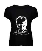 Atatürk,Türkiye. Siyah Kadın V Yaka Tişört - Tisho