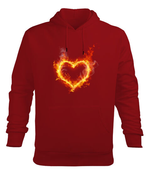 Ateş Kalp Kırmızı Erkek Kapüşonlu Hoodie Sweatshirt - Tisho