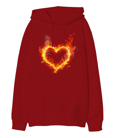 Tisho - Ateş Kalp Kırmızı Oversize Unisex Kapüşonlu Sweatshirt