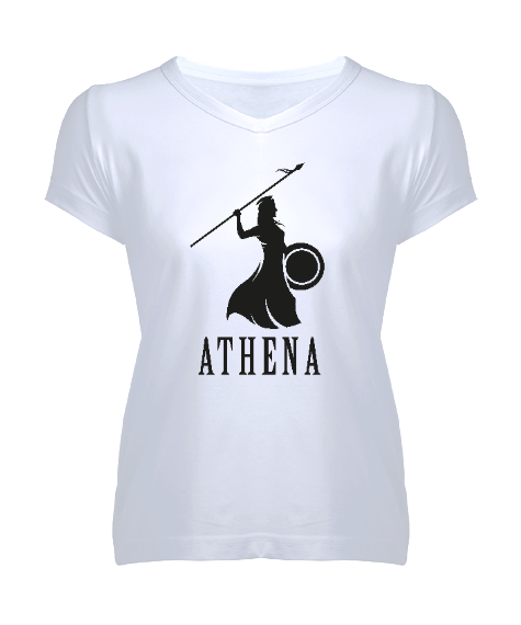 Tisho - Athena - Mitolojik Savaşçı Beyaz Kadın V Yaka Tişört