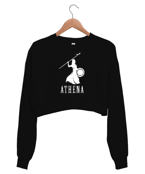 Tisho - Athena - Mitolojik Savaşçı Siyah Kadın Crop Sweatshirt