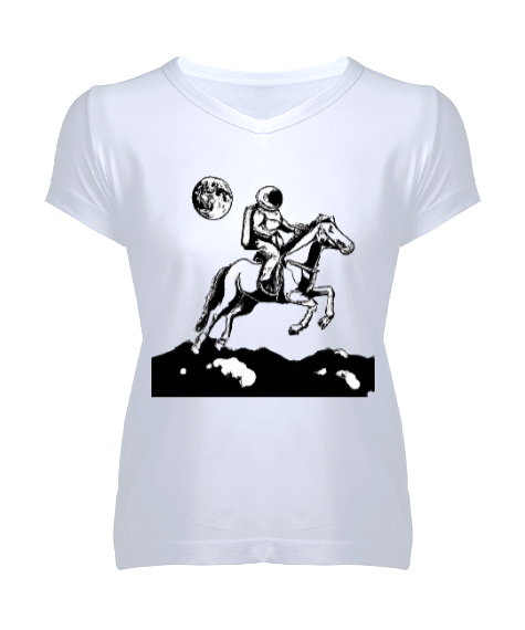 Tisho - Atıyla Aya Giden Astronot Beyaz Kadın V Yaka Tişört