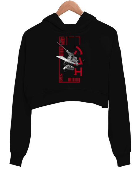 Tisho - Attack On Titan Eren Jaeger 3 Siyah Kadın Crop Hoodie Kapüşonlu Sweatshirt