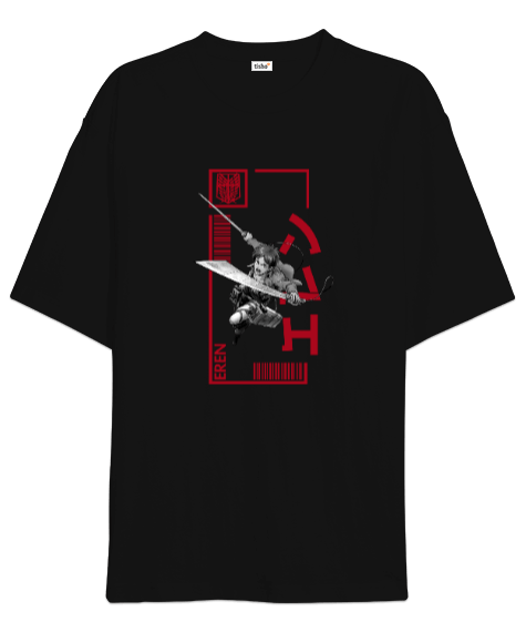 Tisho - Attack On Titan Eren Jaeger 3 Siyah Oversize Unisex Tişört