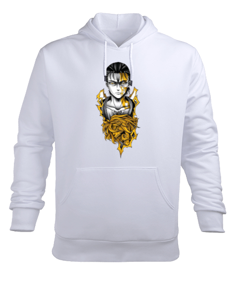 Tisho - Attack On Titan Eren Jaeger Tasarım Baskılı Beyaz Erkek Kapüşonlu Hoodie Sweatshirt