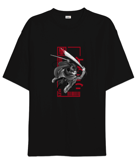 Tisho - Attack On Titan Levi Ackerman Siyah Oversize Unisex Tişört