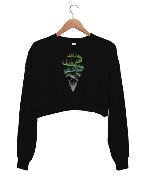 Tisho - Aurora - Kutup Işıkları Siyah Kadın Crop Sweatshirt