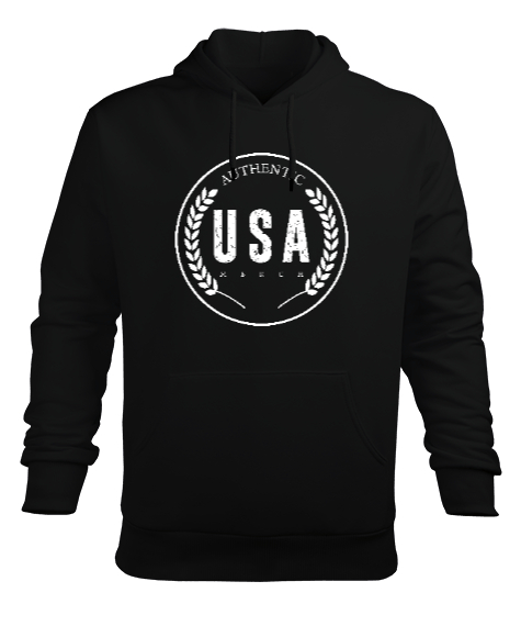 Tisho - Authentic USA Merch Baskılı Siyah Erkek Kapüşonlu Hoodie Sweatshirt