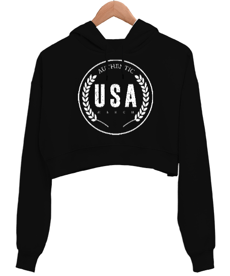 Tisho - Authentic USA Merch Baskılı Siyah Kadın Crop Hoodie Kapüşonlu Sweatshirt