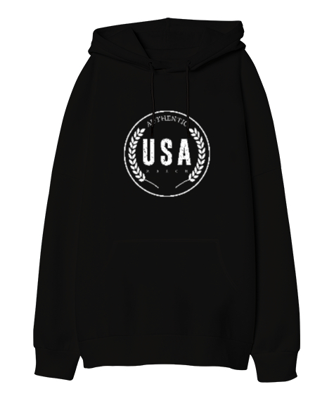 Tisho - Authentic USA Merch Baskılı Siyah Oversize Unisex Kapüşonlu Sweatshirt