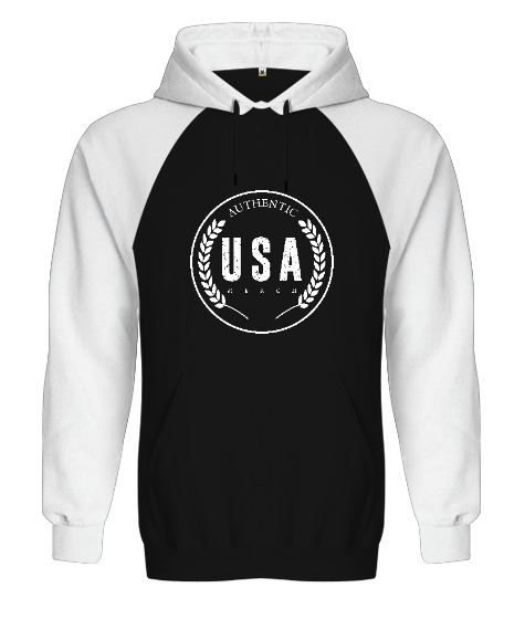 Tisho - Authentic USA Merch Baskılı Siyah/Beyaz Orjinal Reglan Hoodie Unisex Sweatshirt