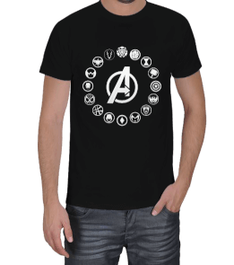 Tisho - Avengers Ekip Logoları Toplu Siyah T-Shirt Erkek Tişört