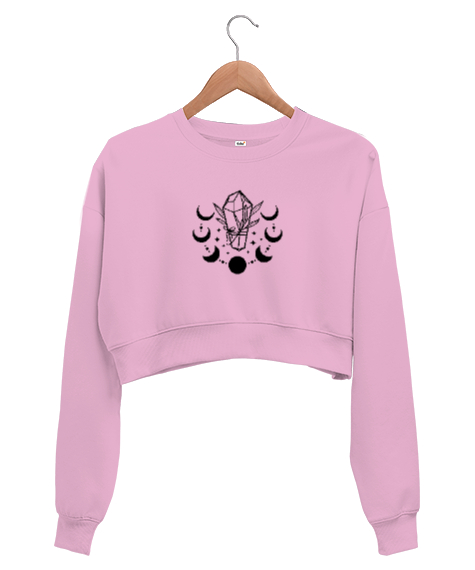 Tisho - Ay Evreleri ve Kristal - Mistik Pembe Kadın Crop Sweatshirt