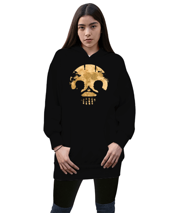 Tisho - Ay Işığında Buluşma -Skull- Temalı Kadın Uzun Hoodie Kapüşonlu Sweatshirt