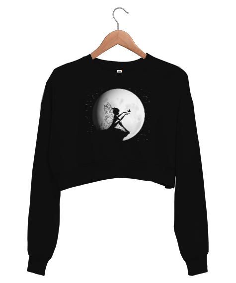 Tisho - Ay Işığında Peri - Dolunay Siyah Kadın Crop Sweatshirt