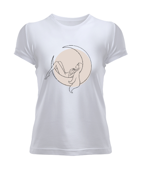 Tisho - Ay Işığında Uyuyan Güzel Kız İllüstrasyon Özel Tasarım Beyaz Kadın Tişört