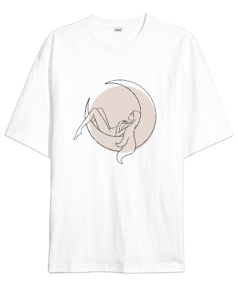 Tisho - Ay Işığında Uyuyan Güzel Kız İllüstrasyon Özel Tasarım Beyaz Oversize Unisex Tişört