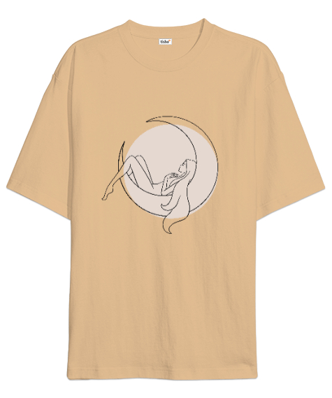 Tisho - Ay Işığında Uyuyan Güzel Kız İllüstrasyon Özel Tasarım Camel Oversize Unisex Tişört