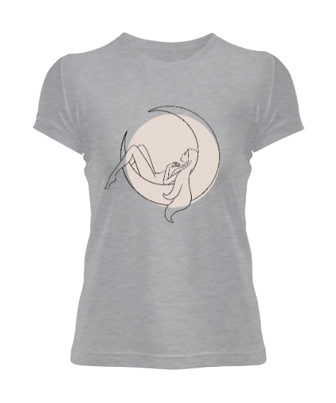 Tisho - Ay Işığında Uyuyan Güzel Kız İllüstrasyon Özel Tasarım Gri Kadın Tişört