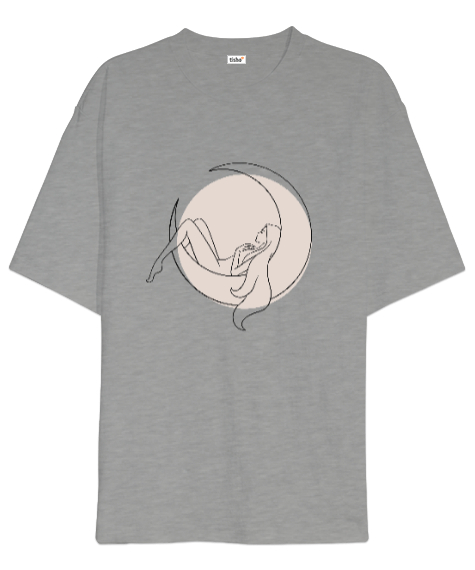 Tisho - Ay Işığında Uyuyan Güzel Kız İllüstrasyon Özel Tasarım Gri Oversize Unisex Tişört