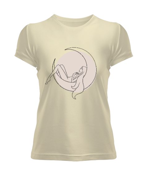 Tisho - Ay Işığında Uyuyan Güzel Kız İllüstrasyon Özel Tasarım Krem Kadın Tişört