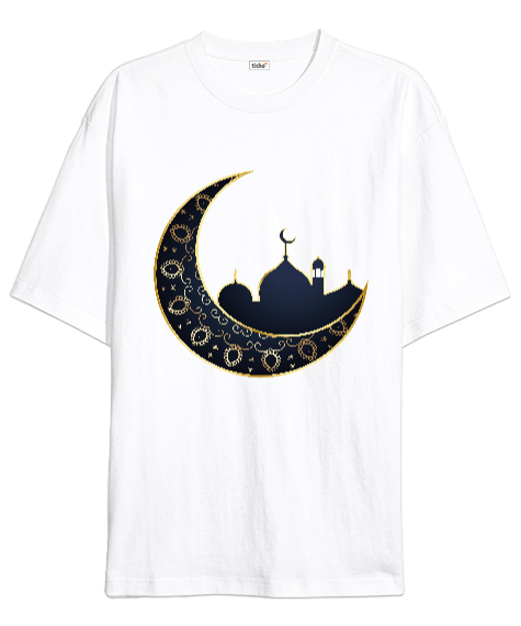 Tisho - Ay ve Camii Desenli İslami Tasarım Baskılı Oversize Unisex Tişört