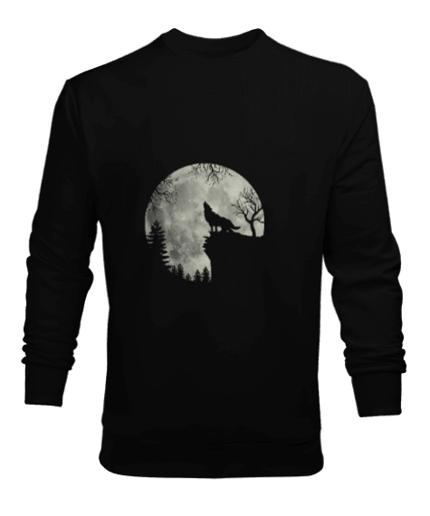 Tisho - Ay ve Kurt Türk Tasarım Baskılı Siyah Erkek Sweatshirt