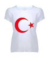 Ay Yıldız Beyaz Kadın V Yaka Tişört - Tisho