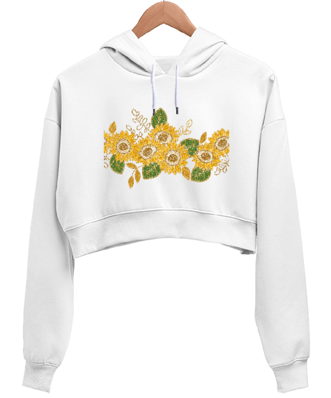 Tisho - Ayçiçeği desenli Beyaz Kadın Crop Hoodie Kapüşonlu Sweatshirt