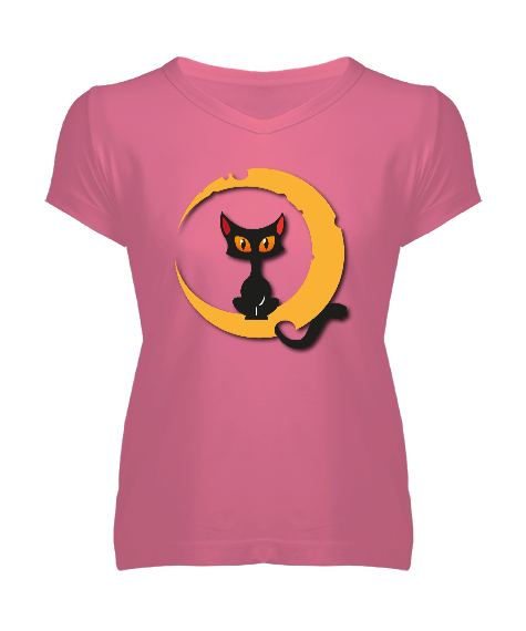 Tisho - aydaki kedi Kadın V Yaka Tişört