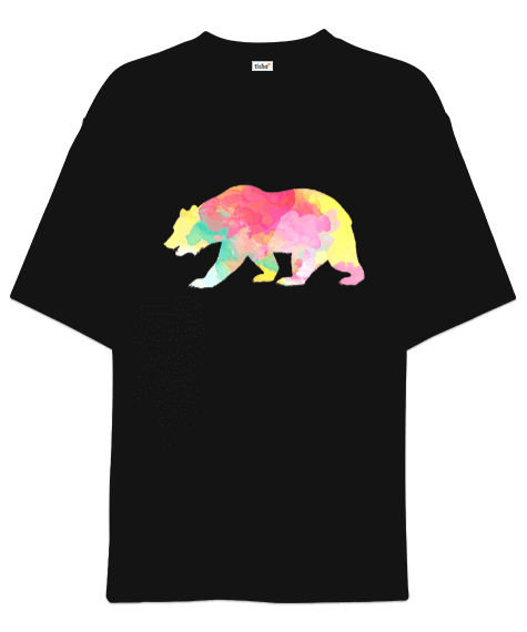 Tisho - Ayı Vahşi Suluboya Renkli Tasarım Baskılı Siyah Oversize Unisex Tişört