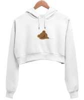 Ayıcık baskılı Beyaz Kadın Crop Hoodie Kapüşonlu Sweatshirt - Tisho