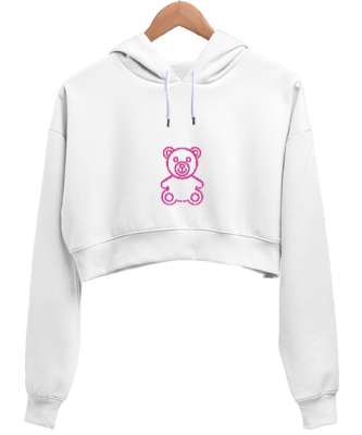 Ayıcık Baskılı Beyaz Kadın Crop Hoodie Kapüşonlu Sweatshirt - Tisho