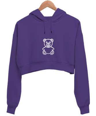 Ayıcık Baskılı Mor Kadın Crop Hoodie Kapüşonlu Sweatshirt - Tisho
