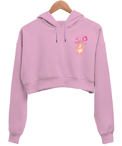 Tisho - Ayıcık baskılı pembe crop sweat Kadın Crop Hoodie Kapüşonlu Sweatshirt