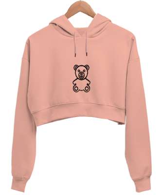 Ayıcık Baskılı Yavru Ağzı Kadın Crop Hoodie Kapüşonlu Sweatshirt - Tisho