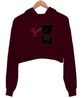 Ayicik Bordo Kadın Crop Hoodie Kapüşonlu Sweatshirt - Tisho