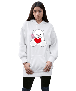 ayıcık fil kalp tasarımlı Kadın Uzun Hoodie Kapüşonlu Sweatshirt - Thumbnail