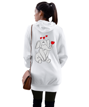 ayıcık fil kalp tasarımlı Kadın Uzun Hoodie Kapüşonlu Sweatshirt - Thumbnail