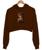 Ayicik Kahverengi Kadın Crop Hoodie Kapüşonlu Sweatshirt - Tisho