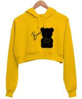 Ayicik Sarı Kadın Crop Hoodie Kapüşonlu Sweatshirt - Tisho